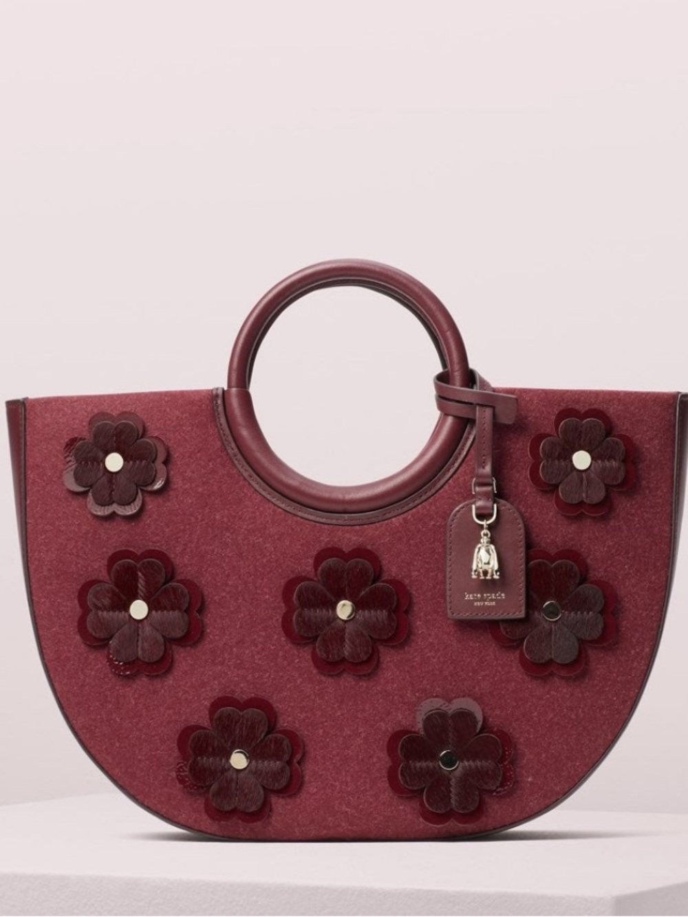Women’s Floral Accent Circle-Handle Tote Bag - Burgundy
